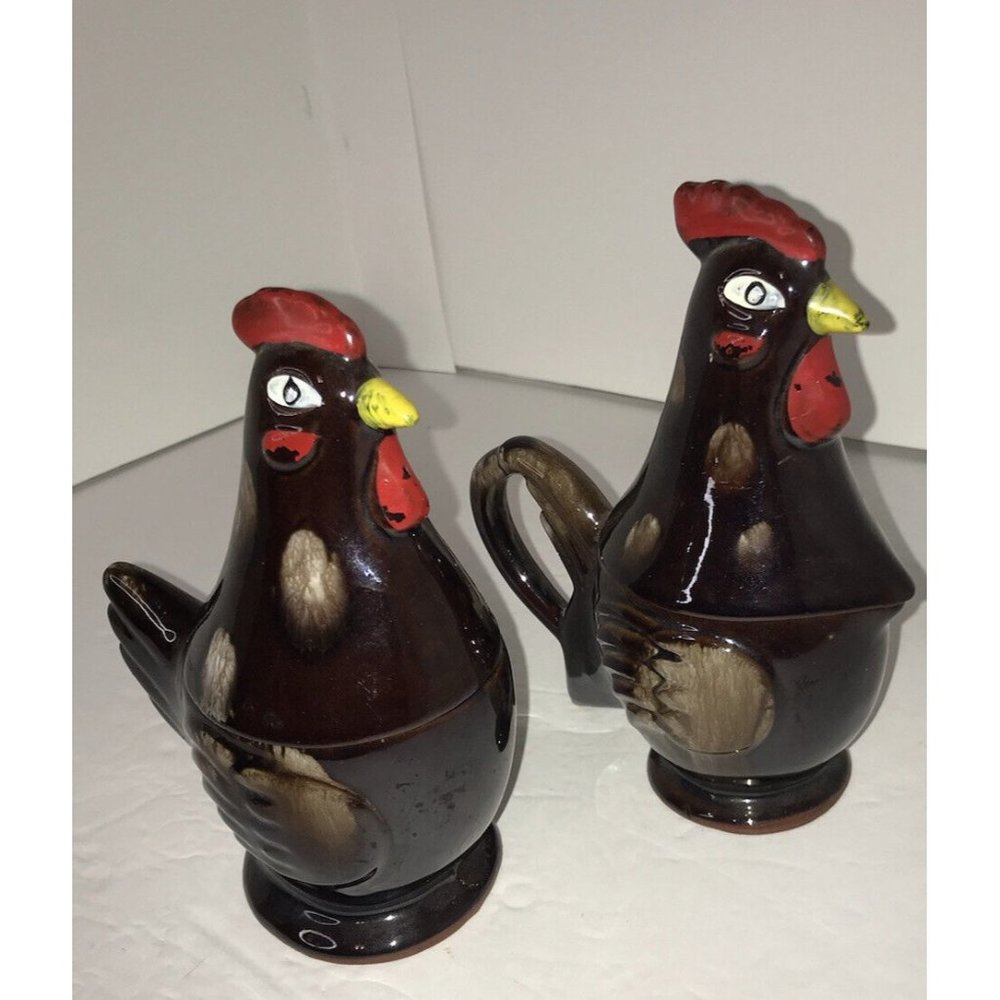 Vintage Ceramic Rooster Chicken Salt Pepper Creamer  Sugar Combo Made In Japan